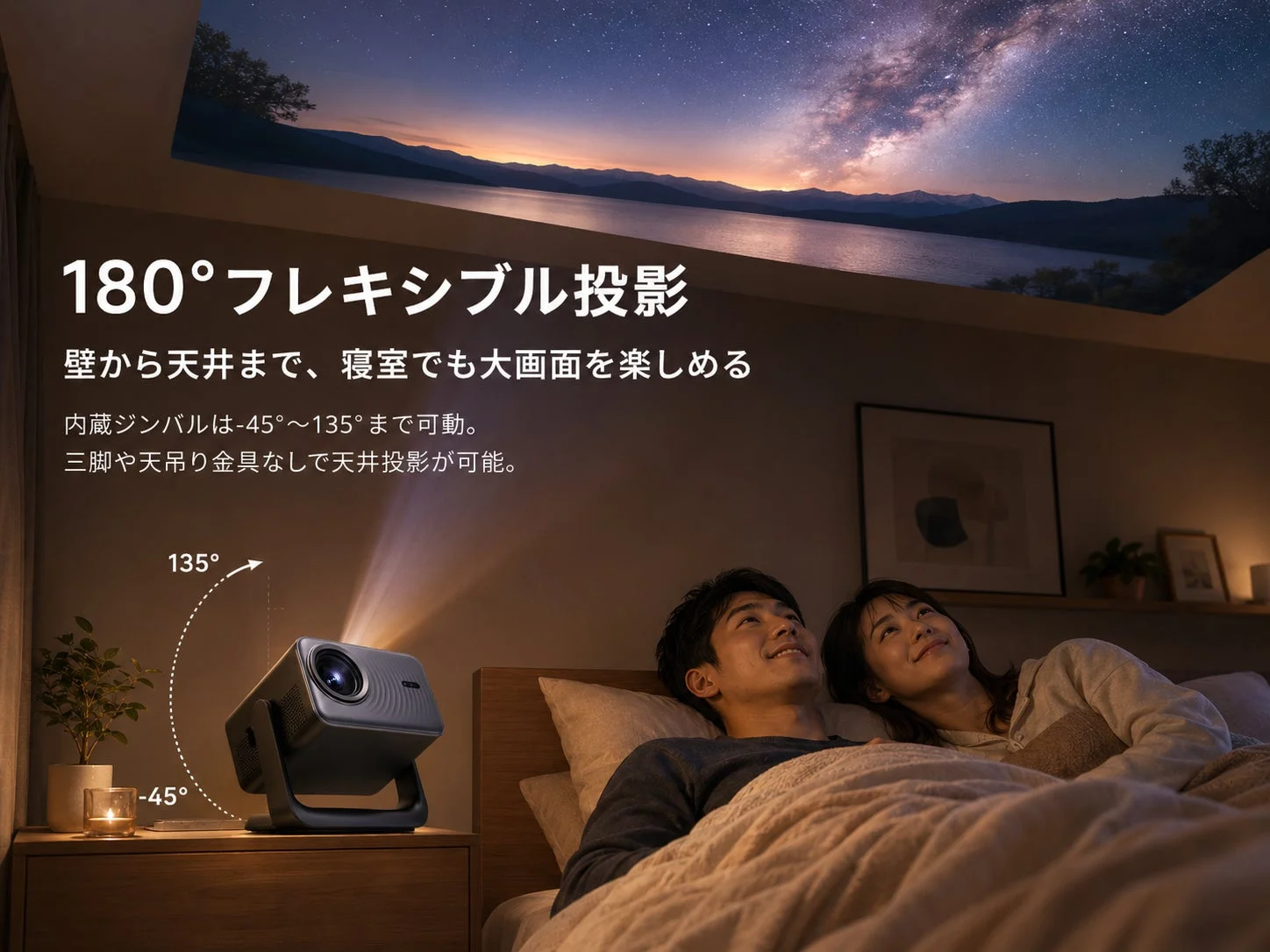 寝室で天井に投影された星空の映像