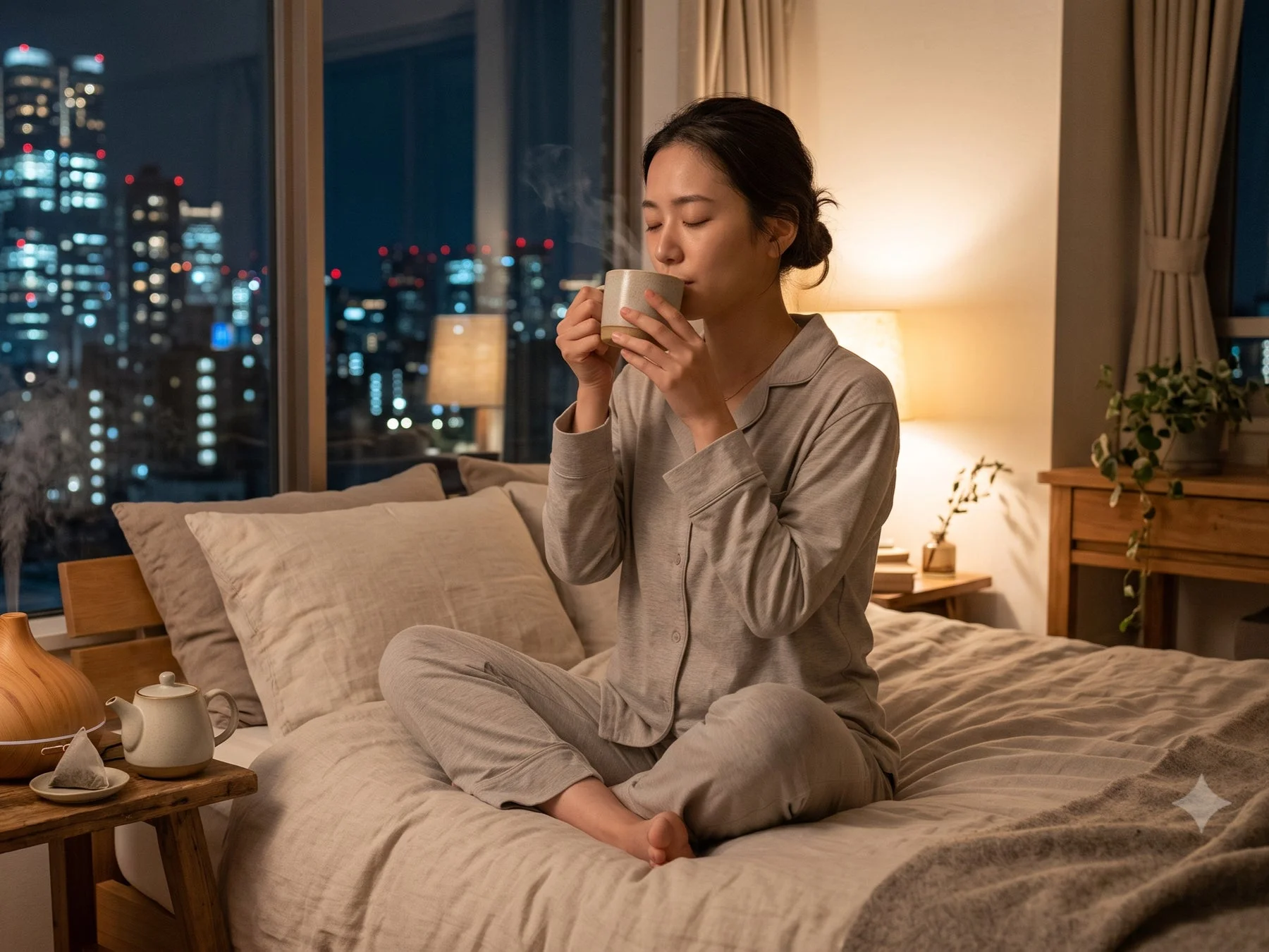 ハーブティーとリラックスする女性