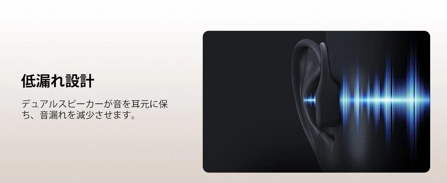 低漏れ設計 デュアルスピーカーが音を耳元に保ち、音漏れを減少させます。