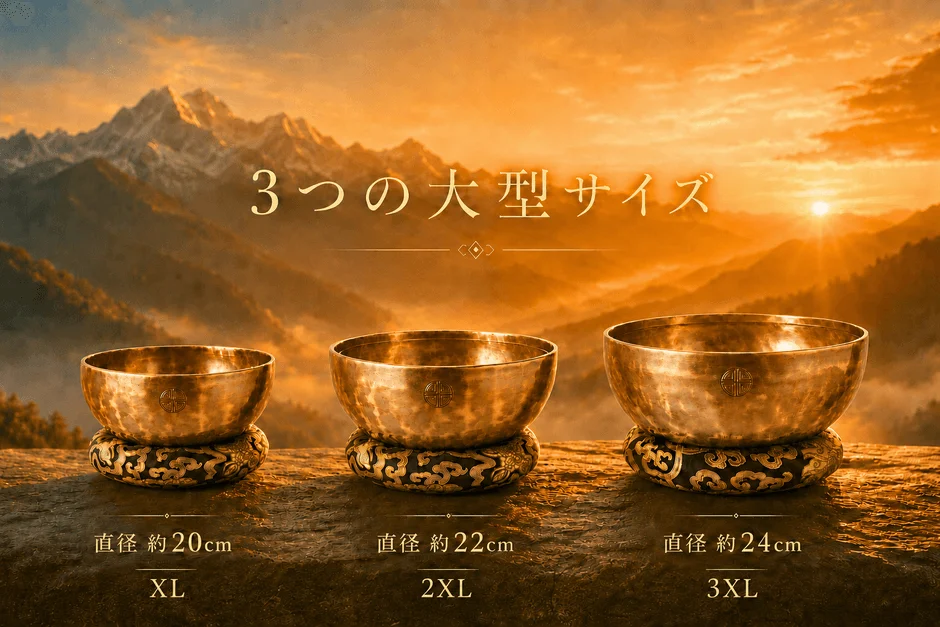 夕焼けの山々を背景に、3つの異なるサイズのシンギングボウルが並べられています
