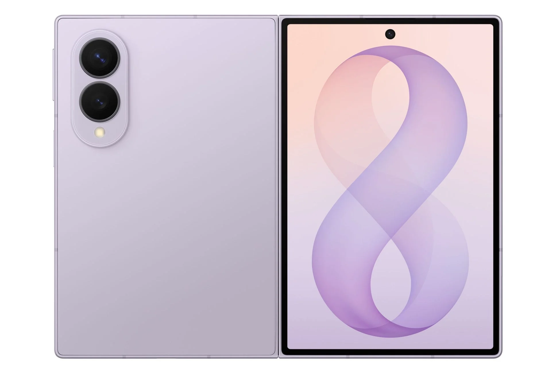 紫色の折りたたみスマートフォンが、背面のデュアルカメラと前面のディスプレイを開いた状態で表示されています。ディスプレイには抽象的な「8」の形の壁紙が映し出されています。