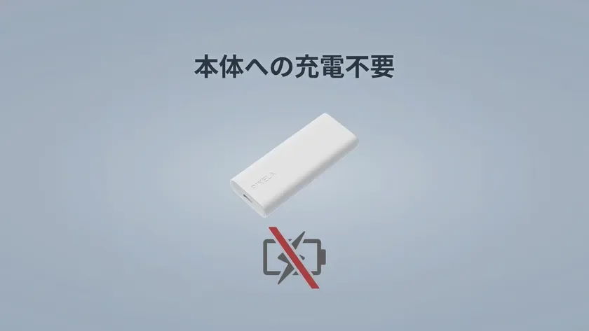 白いPIXELA製デバイスが描かれており、「本体への充電不要」というテキストと充電不要を示すバツ印付きバッテリーアイコンが表示されています