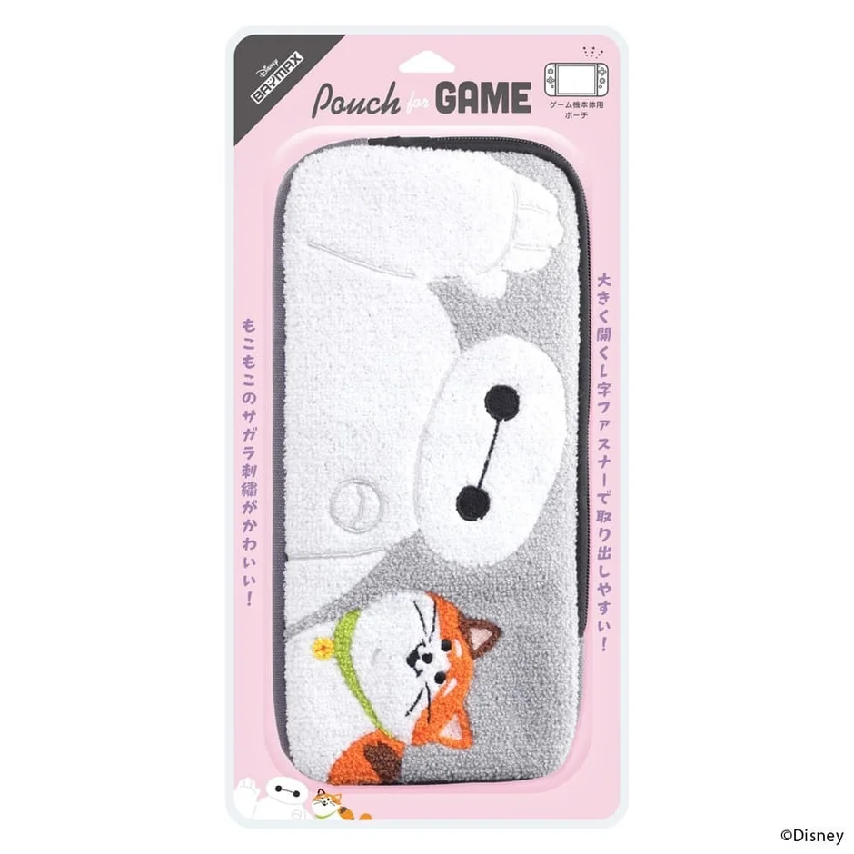 ベイマックスと猫のモチがデザインされたゲーム機本体用のサガラ刺繍ポーチ