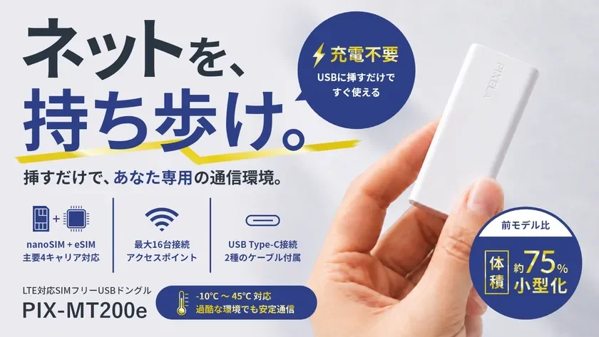 ピクセラ、eSIM×物理SIM対応の超小型LTEドングル「PIX-MT200e」Makuakeで先行販売開始