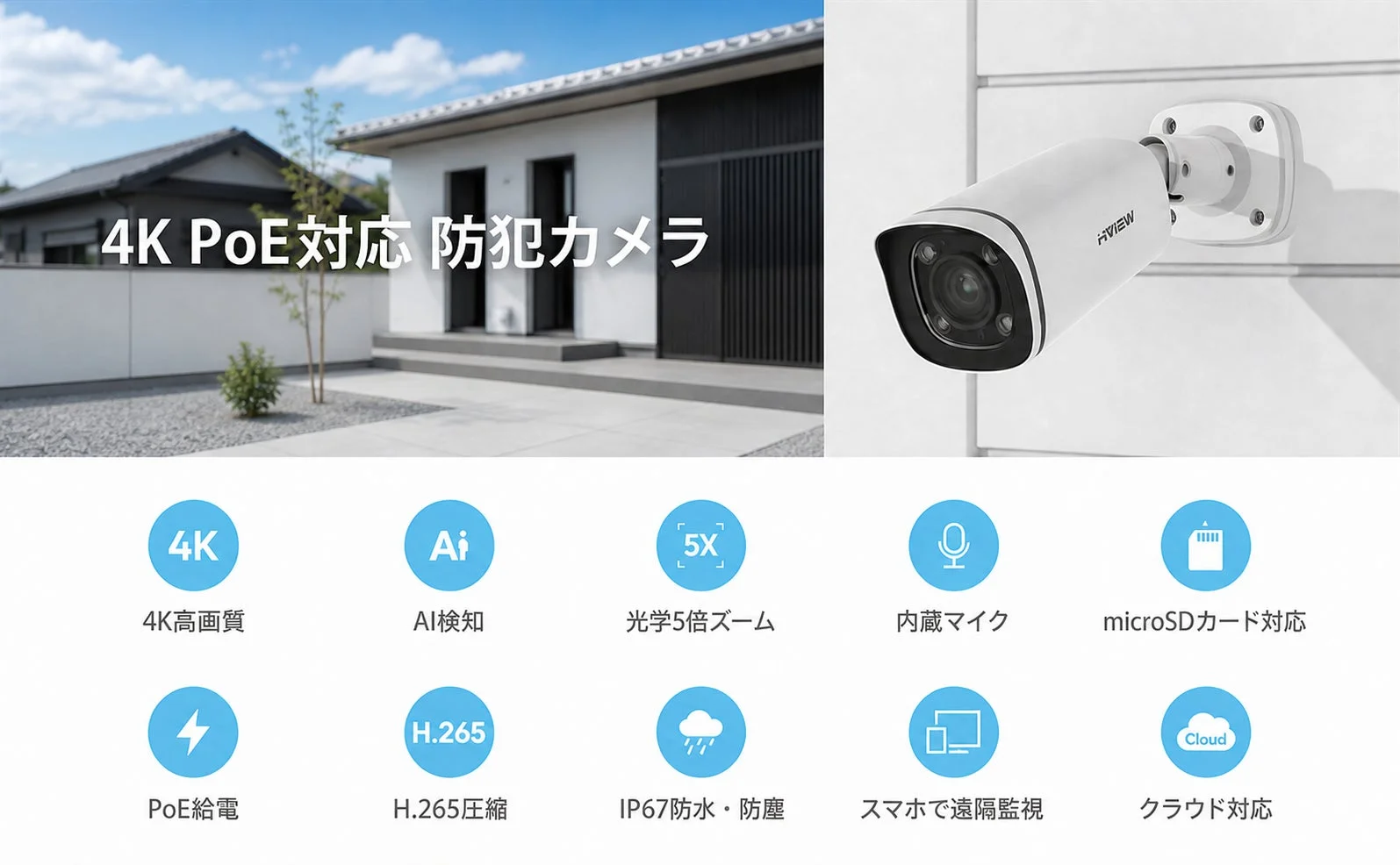 H.VIEWから新登場!4K・光学5倍ズーム対応の屋外用PoEカメラ「HV-800G2A」で夜間も遠距離も安心の防犯対策