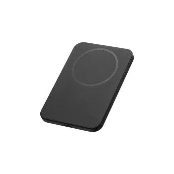 黒色の長方形のワイヤレス充電器です。表面には充電位置を示す円形のマークがあり、スマートフォンなどのデバイスを置くだけで手軽に充電できることを示唆しています。シンプルでコンパクトなデザインが特徴です。