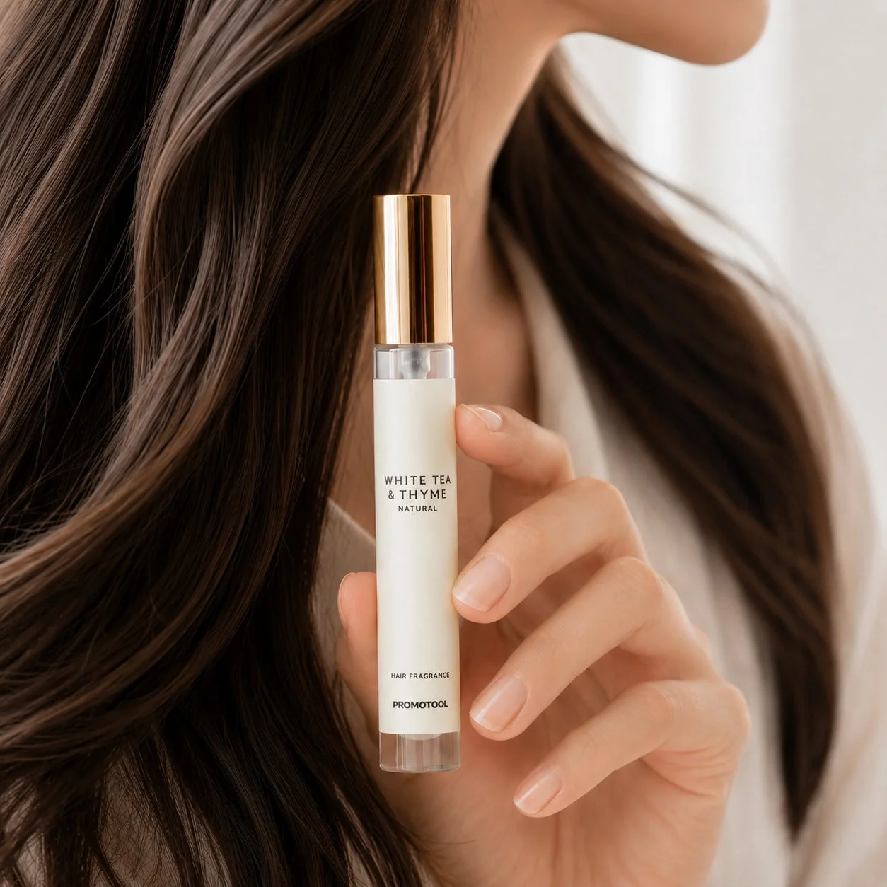 女性が「WHITE TEA & THYME」と書かれたヘアフレグランスのボトルを持っているクローズアップ画像