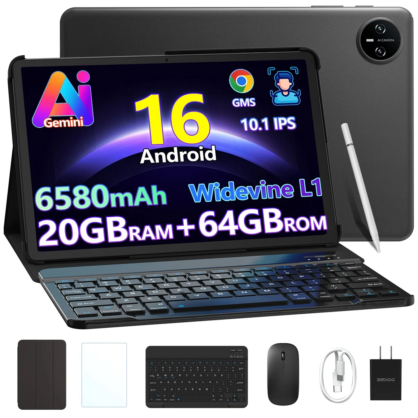 キーボード、スタイラスペン、マウスなどの豊富なアクセサリが付属したAndroidタブレットのセット