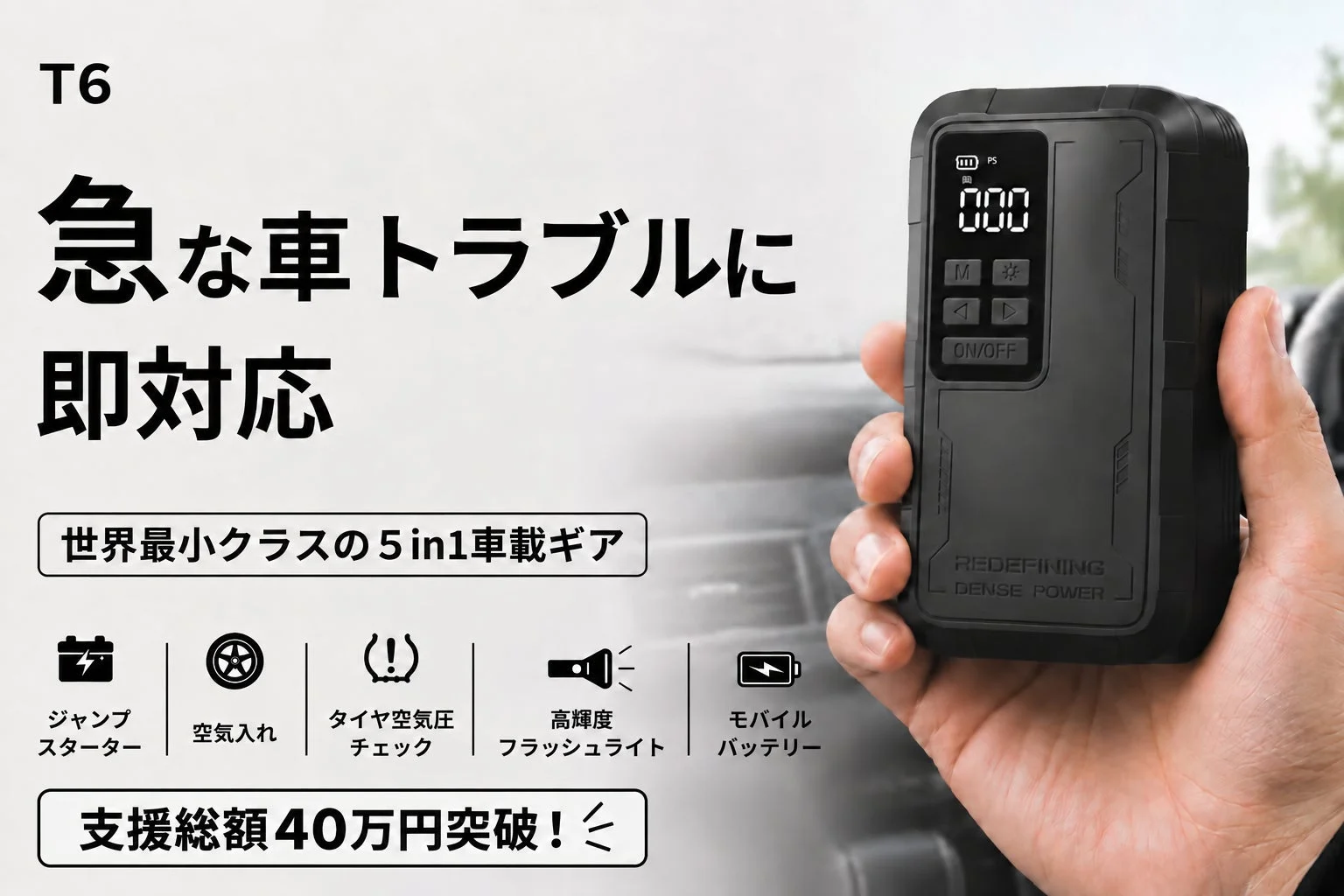 車の緊急時に頼れる5in1車載ギア「Storm GO MiniT6」が支援総額40万円を突破し好評販売中！最大40％OFF＋1,000円OFFクーポンも配布中