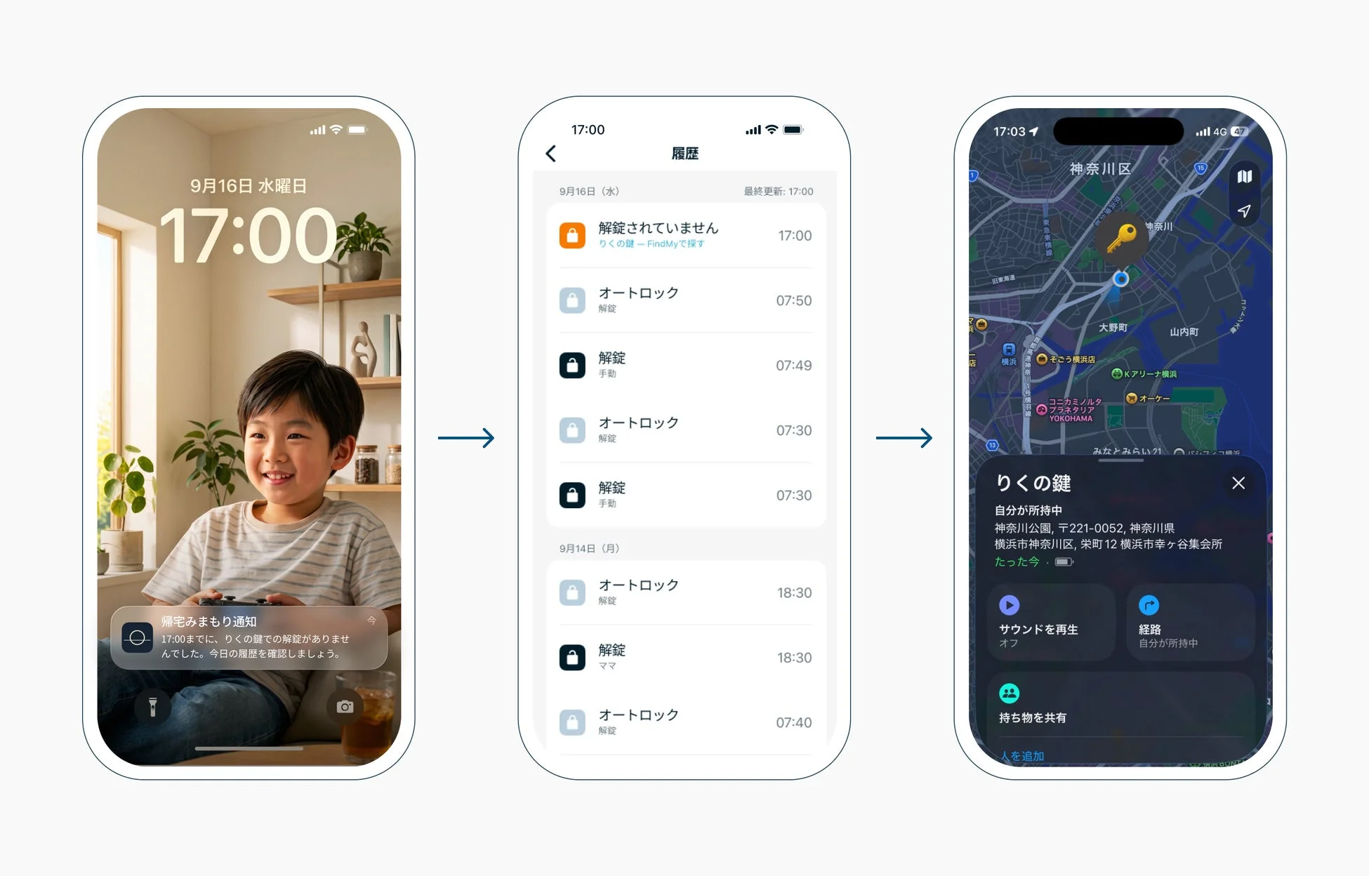 スマートロックアプリの利用画面。通知、履歴、鍵の現在地が表示