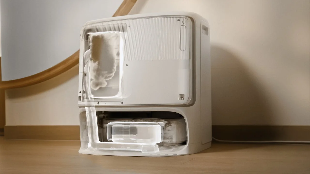 白いモダンなデザインの家電製品が室内の床に置かれている様子