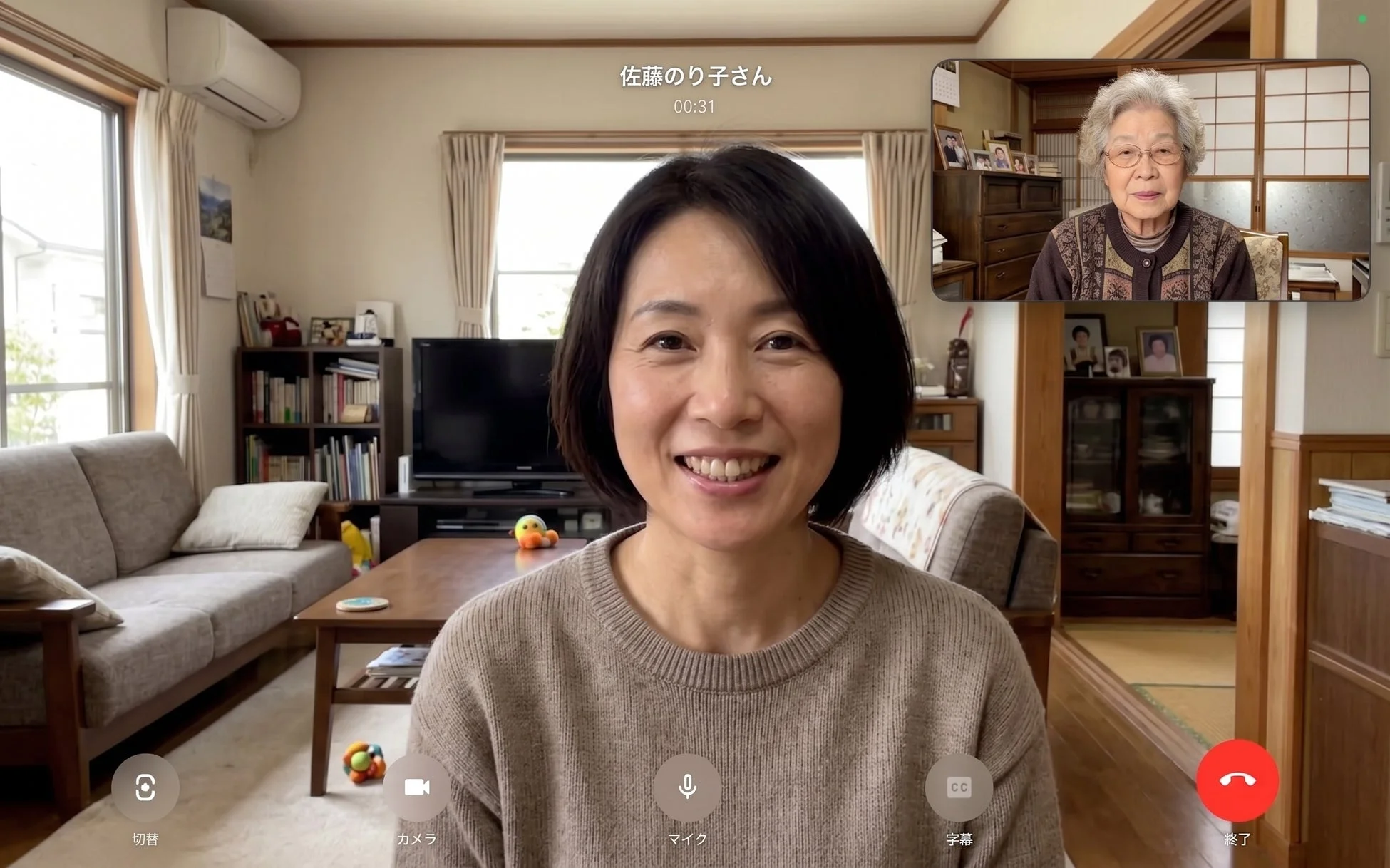 リビングにいる女性が、和室にいる高齢の女性とビデオ通話をしている様子です。二人は笑顔で、画面には通話時間が表示され、操作ボタンが見えます。
