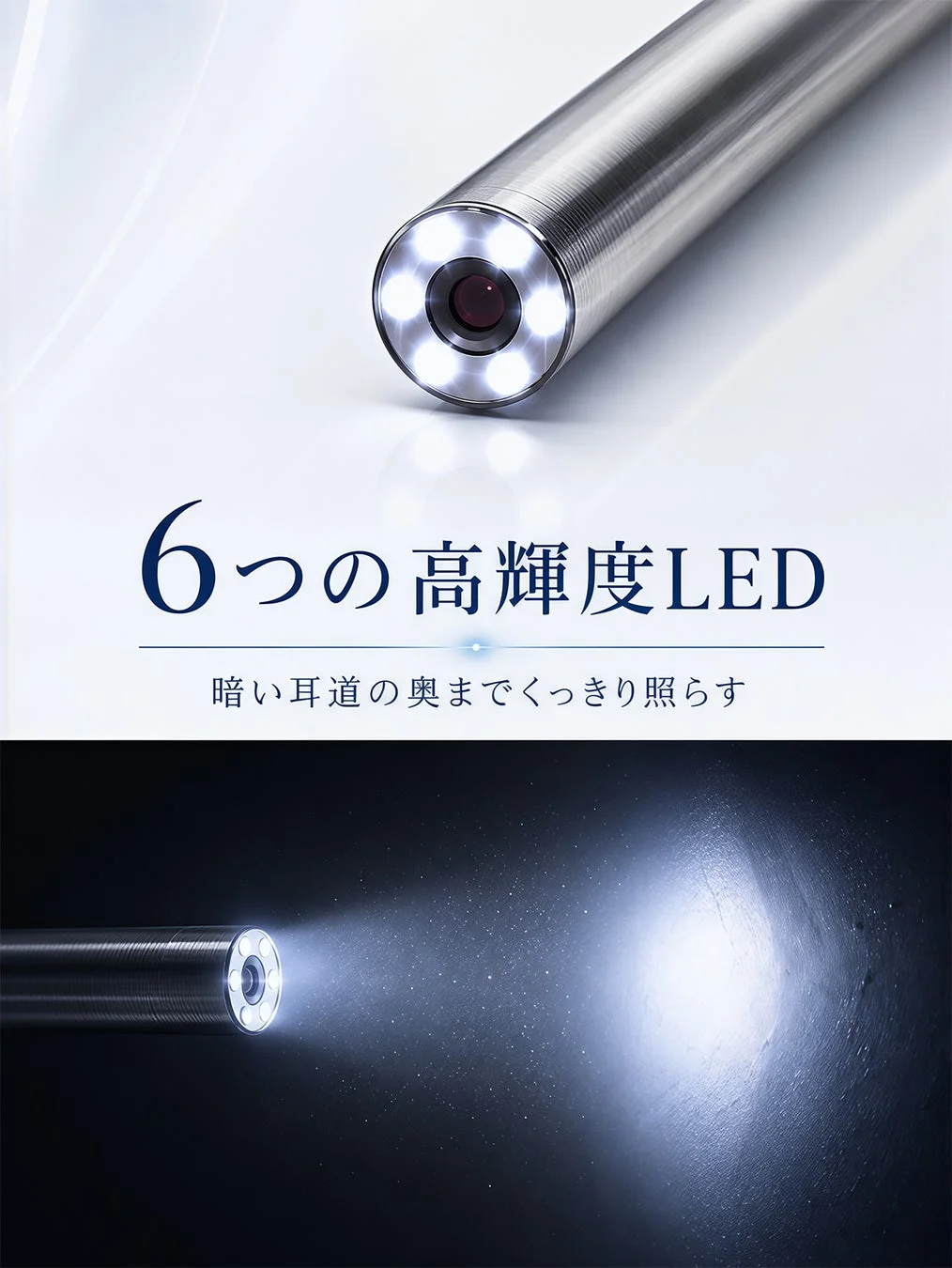 6つの高輝度LEDを搭載した細長いカメラデバイス