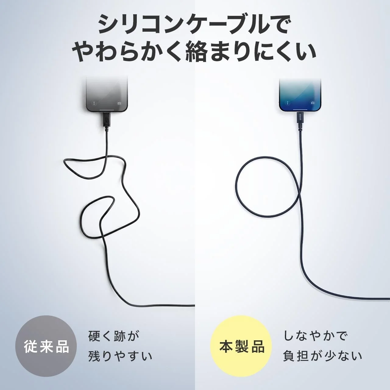 シリコンケーブルの柔軟性をアピールする画像