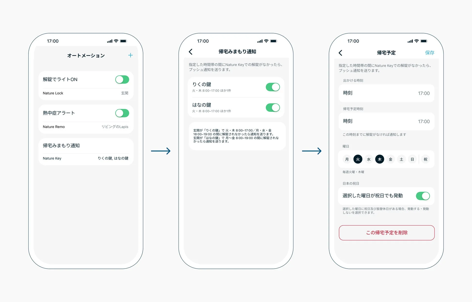 スマートホームアプリのオートメーション設定画面。帰宅みまもり通知機能の詳細設定