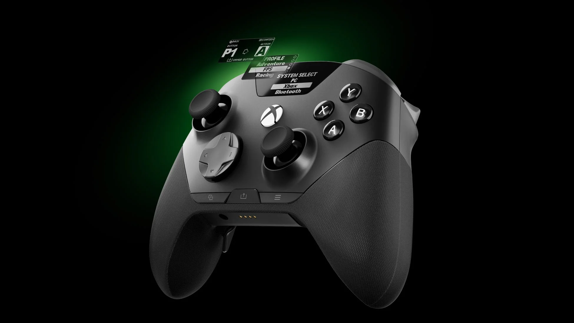 Xbox Eliteコントローラーが、緑色の光るUIと共に表示されています。UIにはプロファイル選択やシステム選択（PC, Xbox, Bluetooth）が表示され、高度なカスタマイズ性を示唆しています。