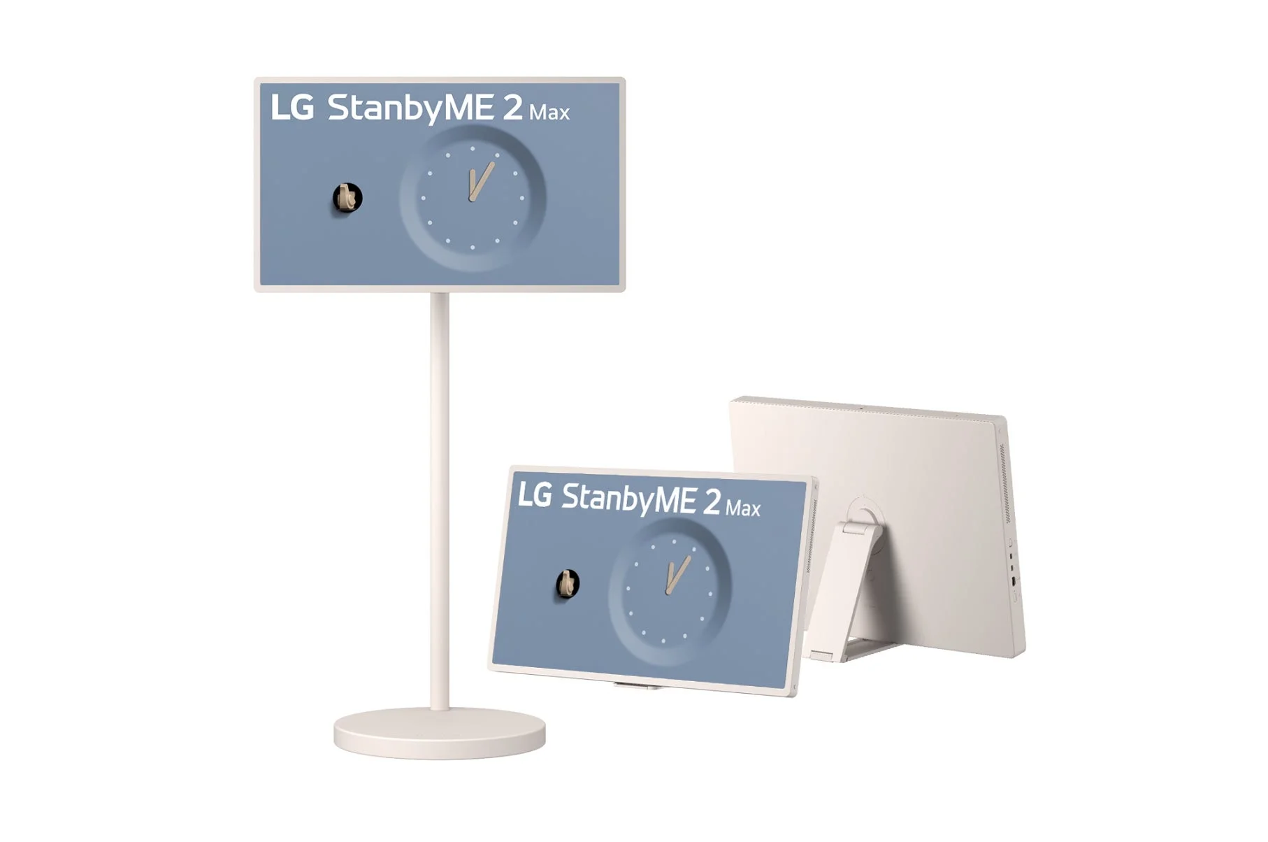 LG StanbyME 2 Maxスマートディスプレイが複数台写っています。一台はスタンドに設置され、もう一台は背面スタンドで自立しており、どちらも画面には時計が表示されています。シンプルでモダンなデザインのポータブルディスプレイです。