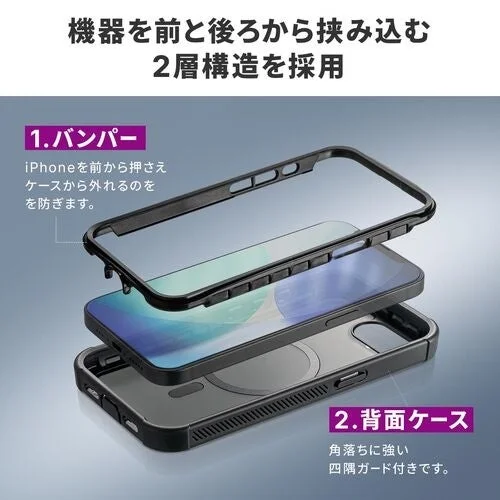iPhone用の2層構造ケースの分解図。前面バンパーがiPhoneの脱落を防ぎ、背面ケースは角落ちに強い四隅ガード付き。MagSafe対応で、機器を前後から保護する設計が特徴です。