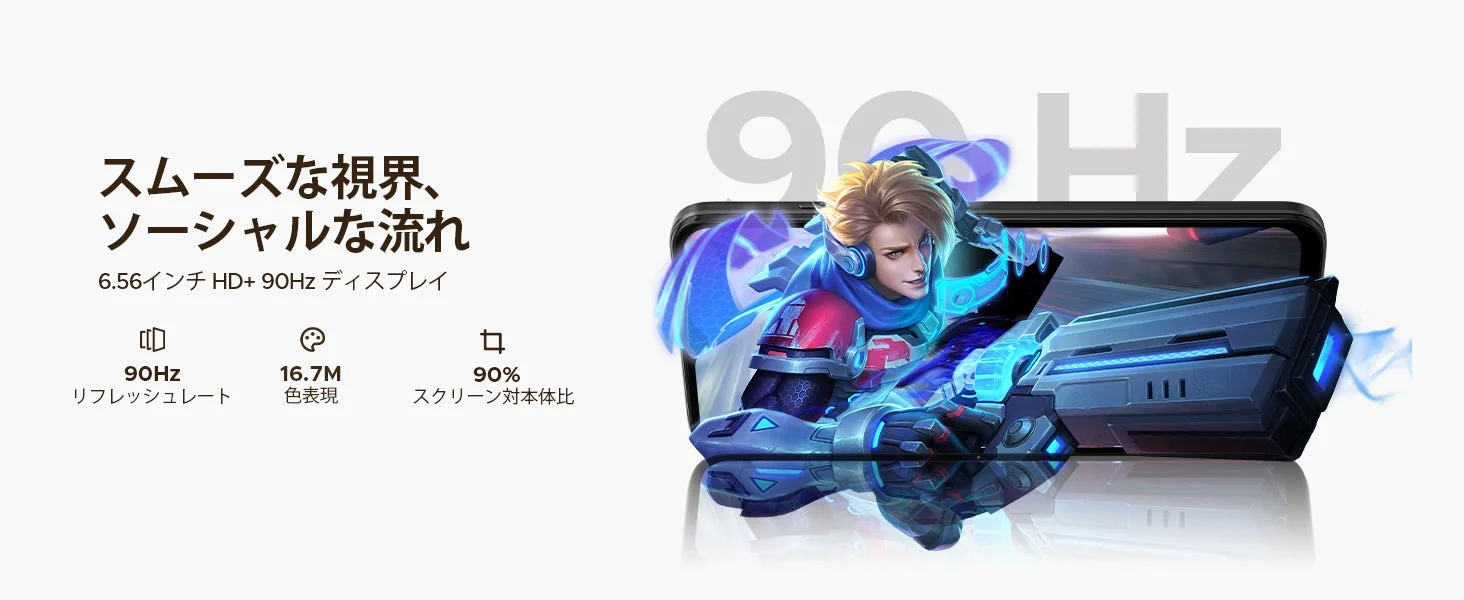 6.56インチHD+90Hzディスプレイ