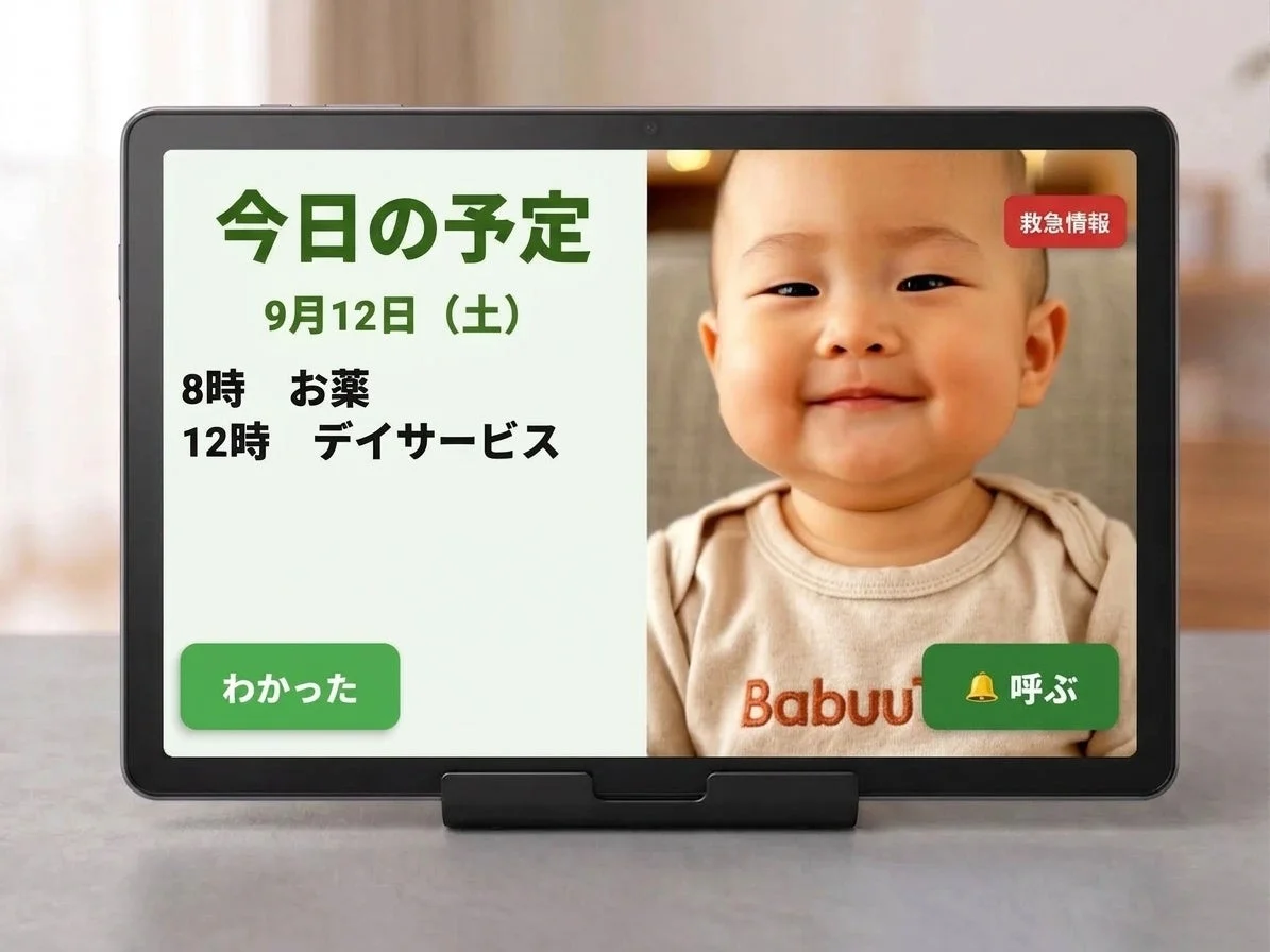 タブレットに今日の予定と笑顔の赤ちゃんが表示されています。左側には9月12日（土）の8時お薬、12時デイサービスの予定があり、右側には「救急情報」と「呼ぶ」ボタンが見えます。見守りやスケジュール管理に役立つデバイスのようです。