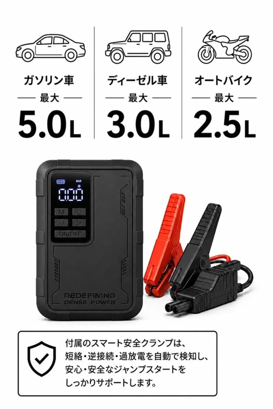 ジャンプスターター対応車種と安全クランプ
