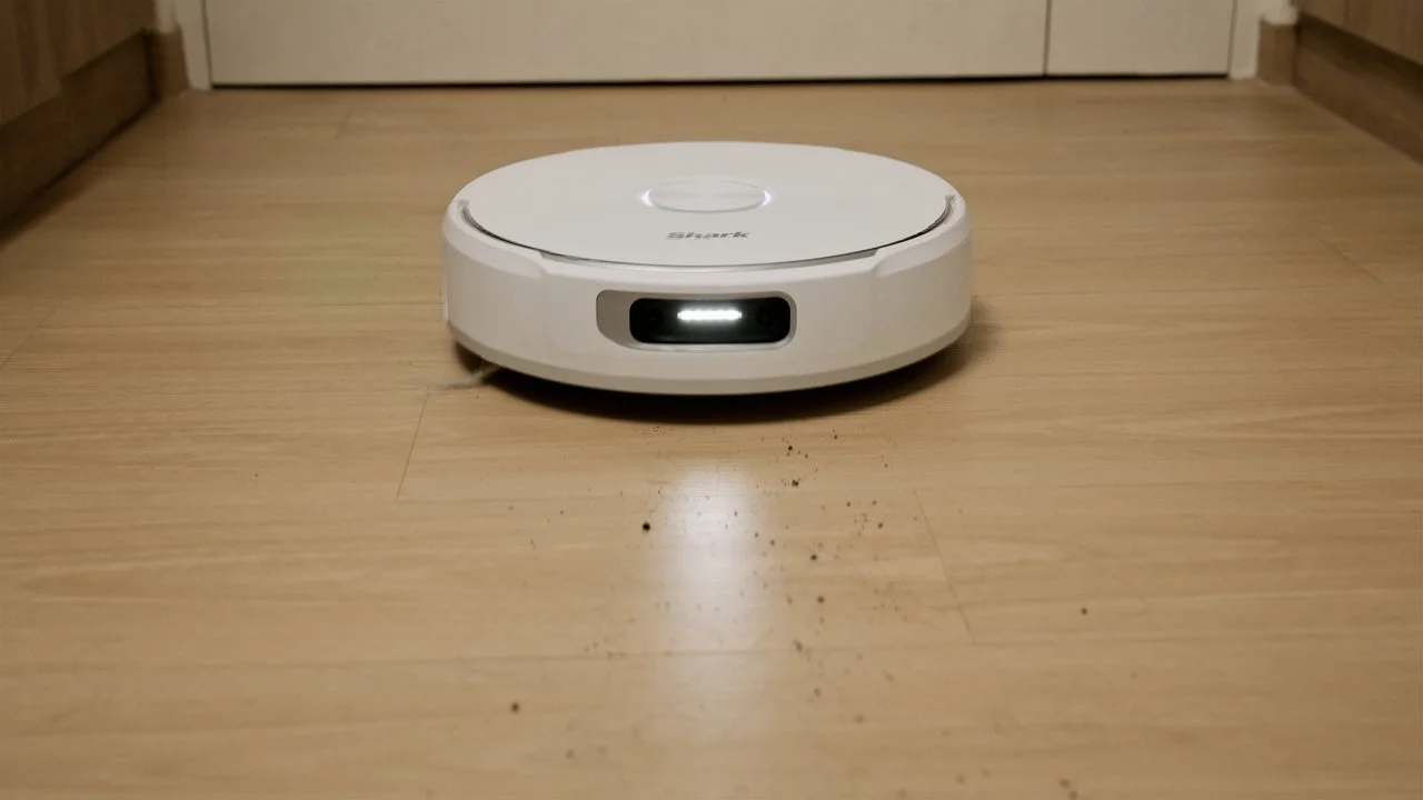ロボット掃除機がフローリング上のゴミを吸い込む様子