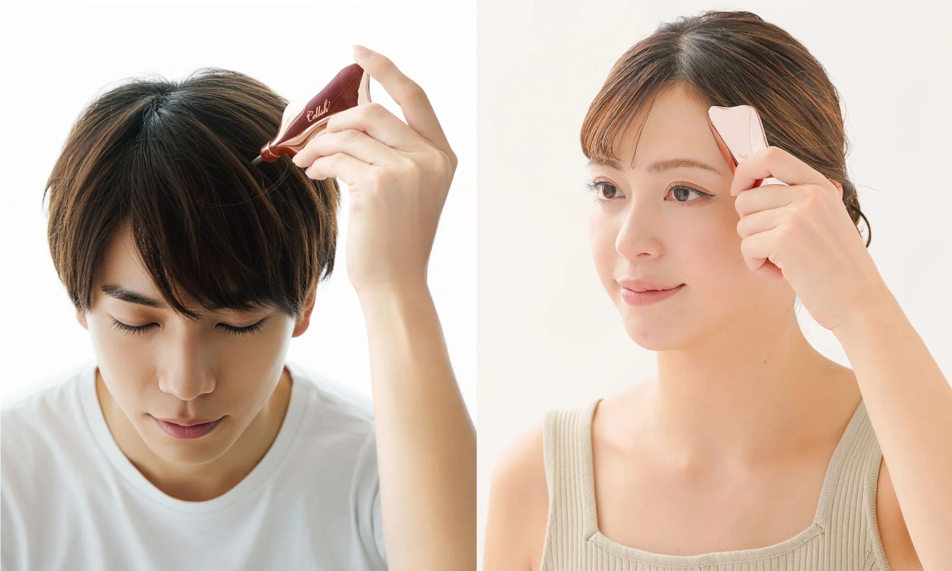 男性が頭皮ケア、女性が顔のマッサージをしている様子