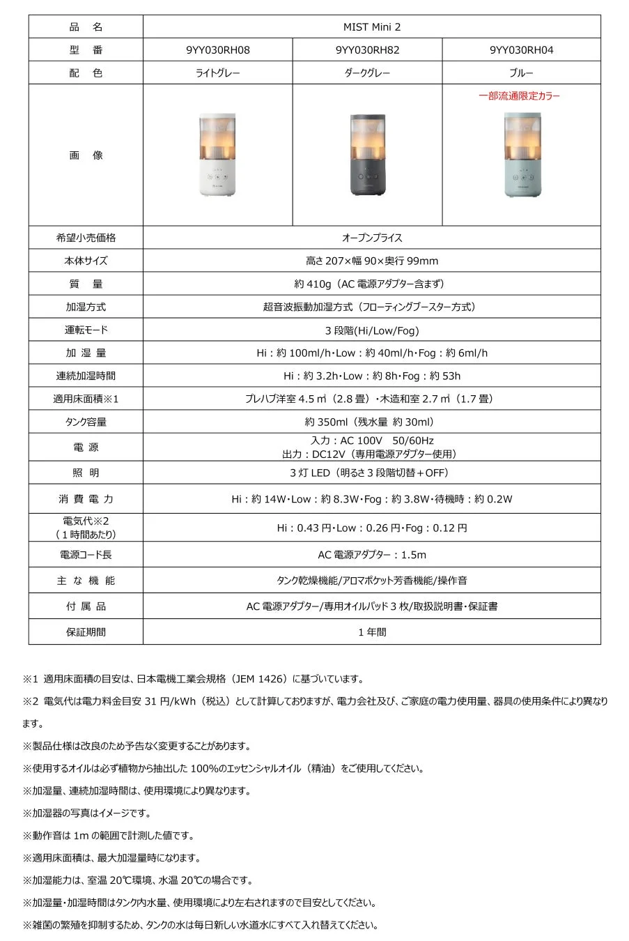 MIST Mini 2加湿器の製品仕様書